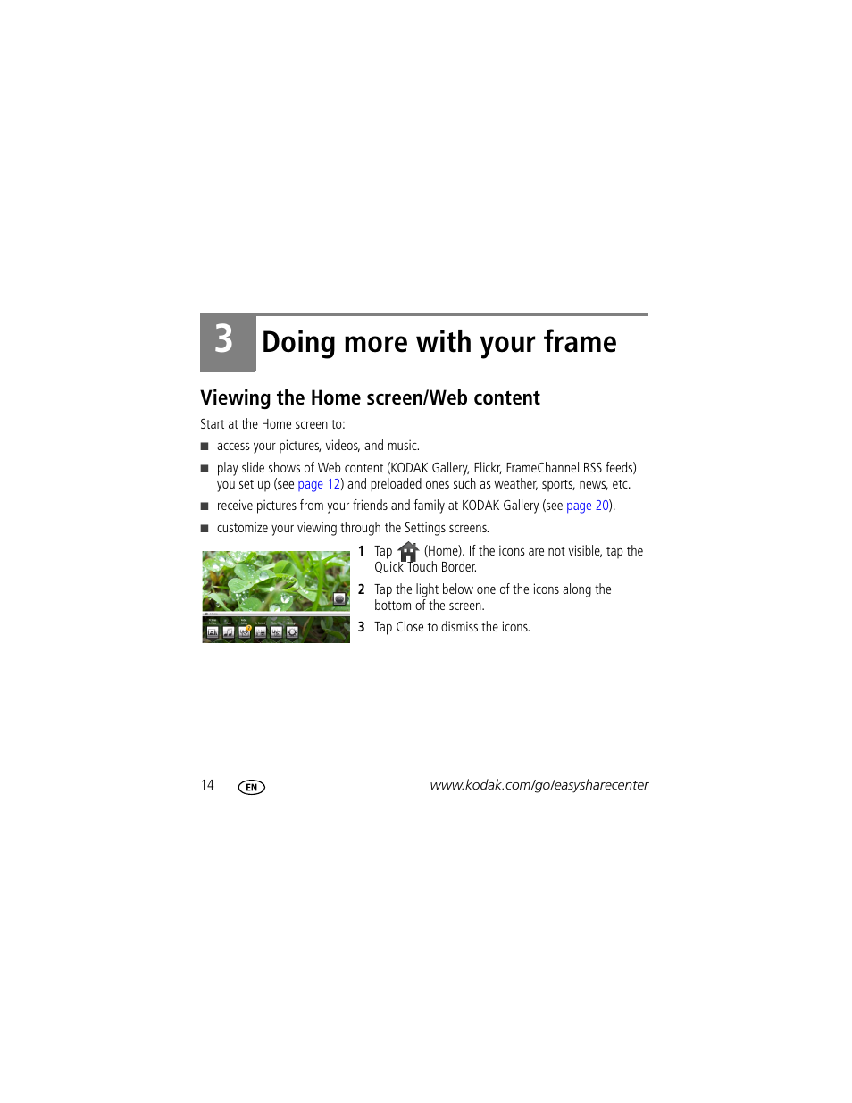 Doing more with your frame, Viewing the home screen/web content | Kodak W820 User Manual | Page 14 / 30