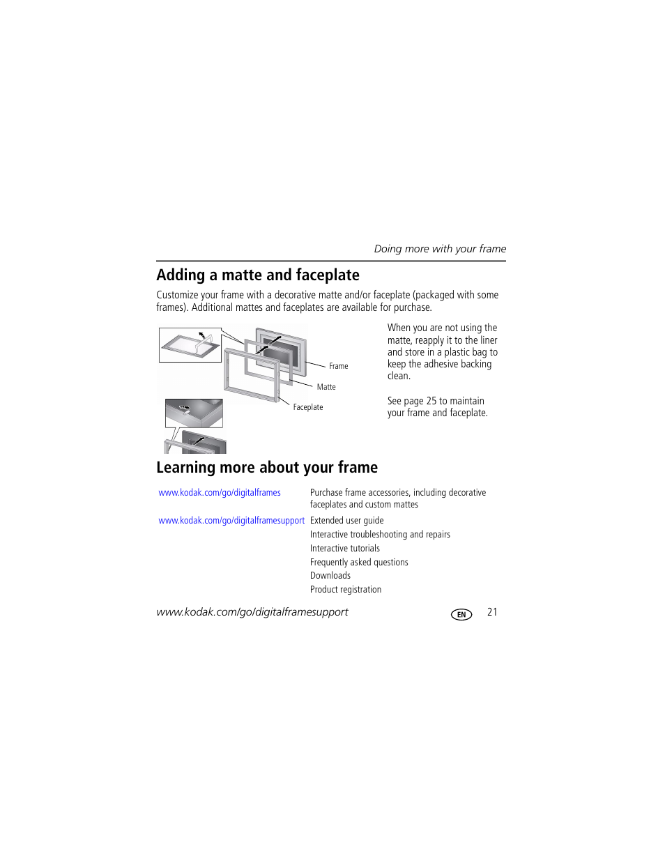 Adding a matte and faceplate, Learning more about your frame | Kodak W820 User Manual | Page 21 / 30