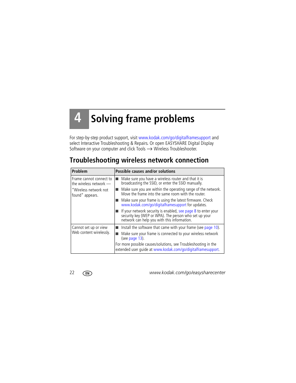 Solving frame problems, Troubleshooting wireless network connection | Kodak W820 User Manual | Page 22 / 30