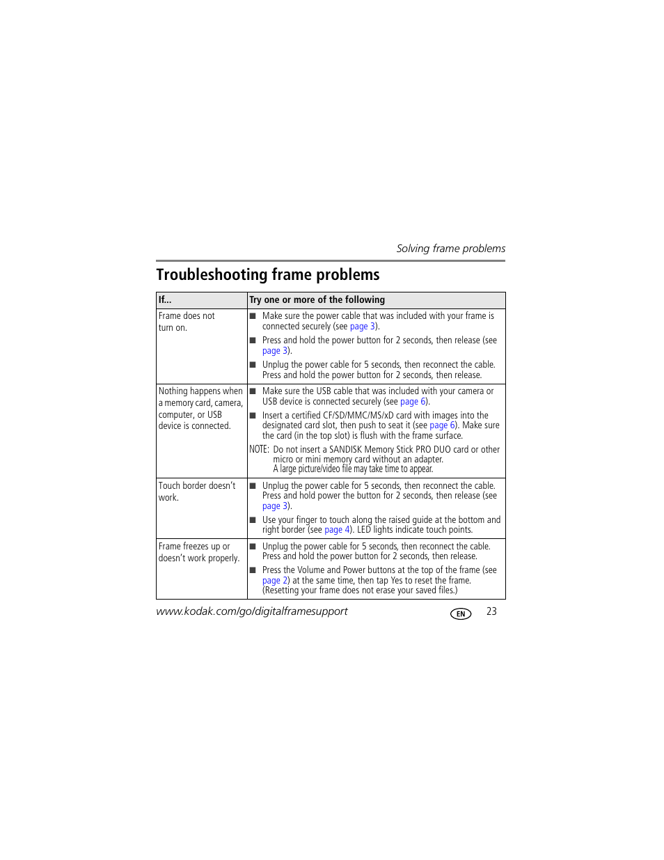 Troubleshooting frame problems | Kodak W820 User Manual | Page 23 / 30