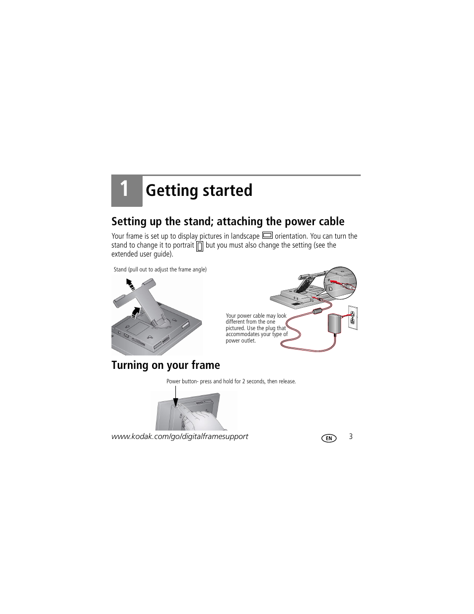 Getting started, Setting up the stand; attaching the power cable, Turning on your frame | Kodak W820 User Manual | Page 3 / 30