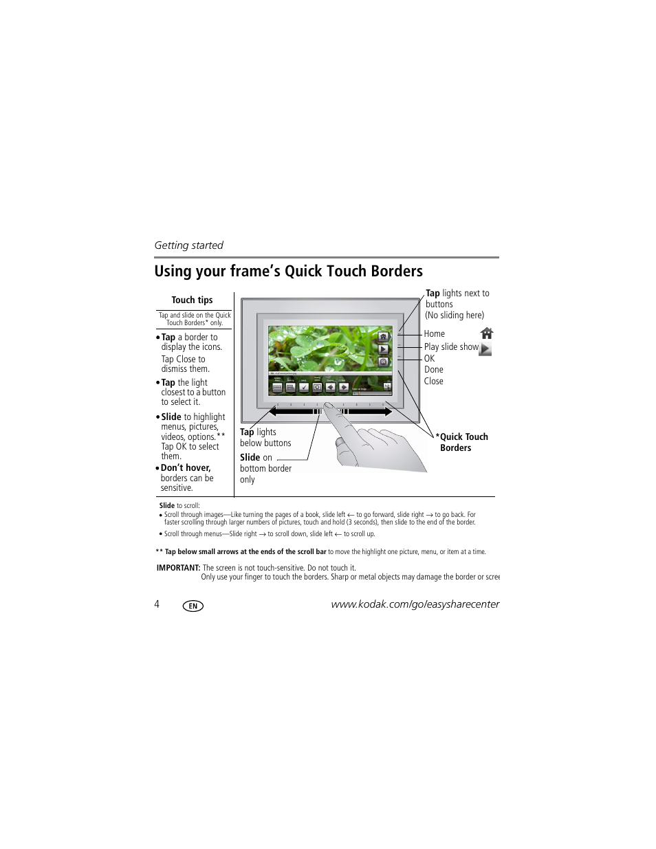 Using your frame’s quick touch borders | Kodak W820 User Manual | Page 4 / 30