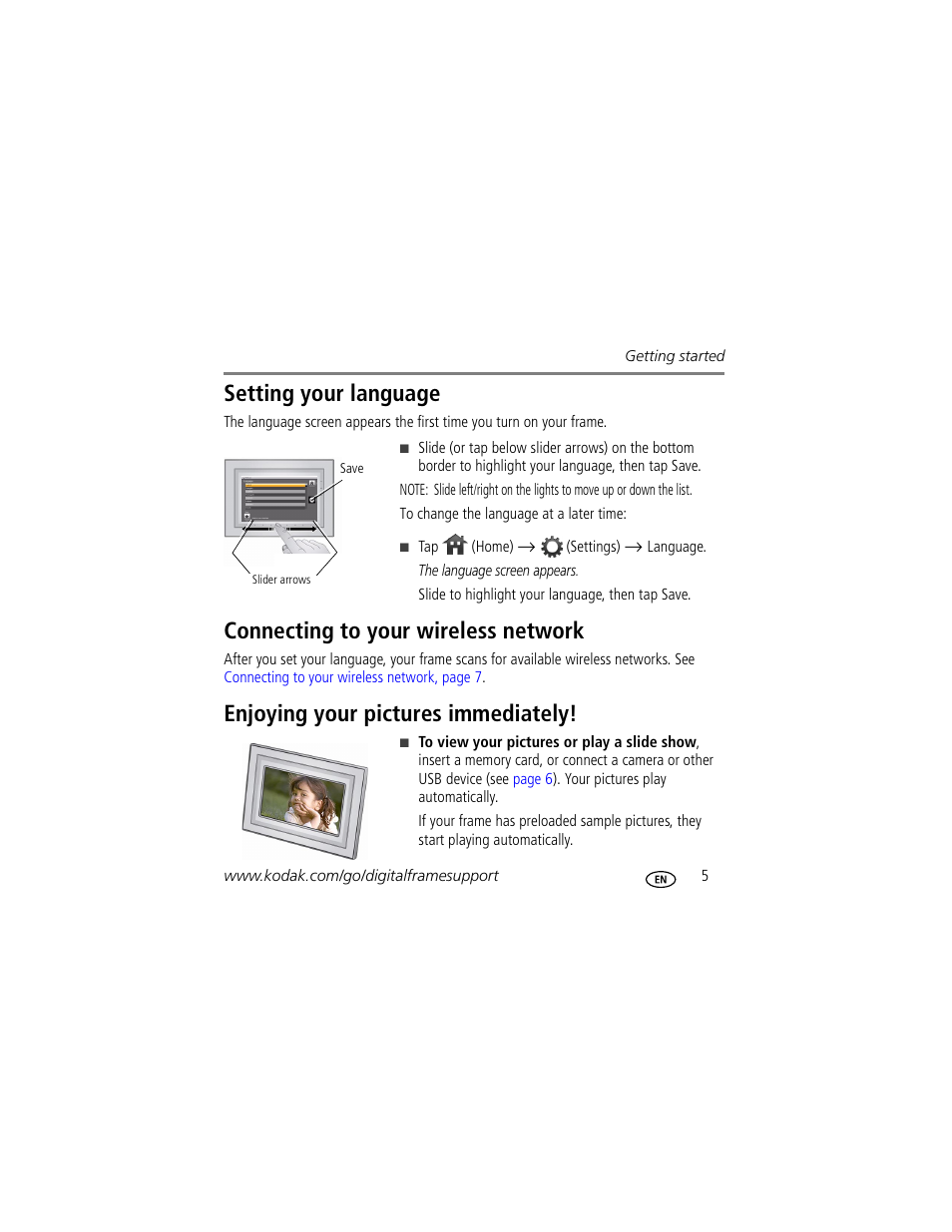 Setting your language, Connecting to your wireless network, Enjoying your pictures immediately | Kodak W820 User Manual | Page 5 / 30