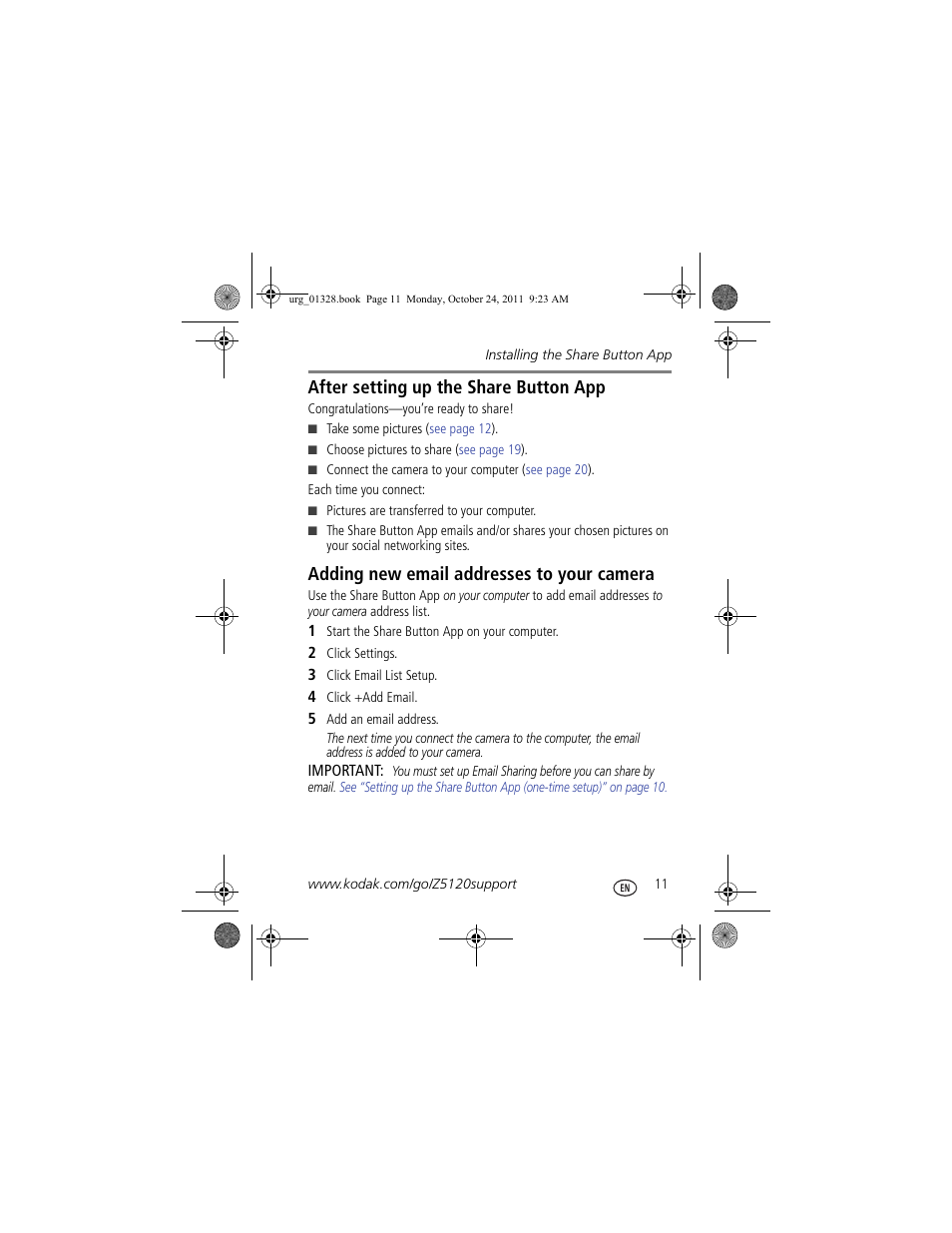 Adding new email addresses to your camera, After setting up the share button app | Kodak Z5120 User Manual | Page 11 / 29