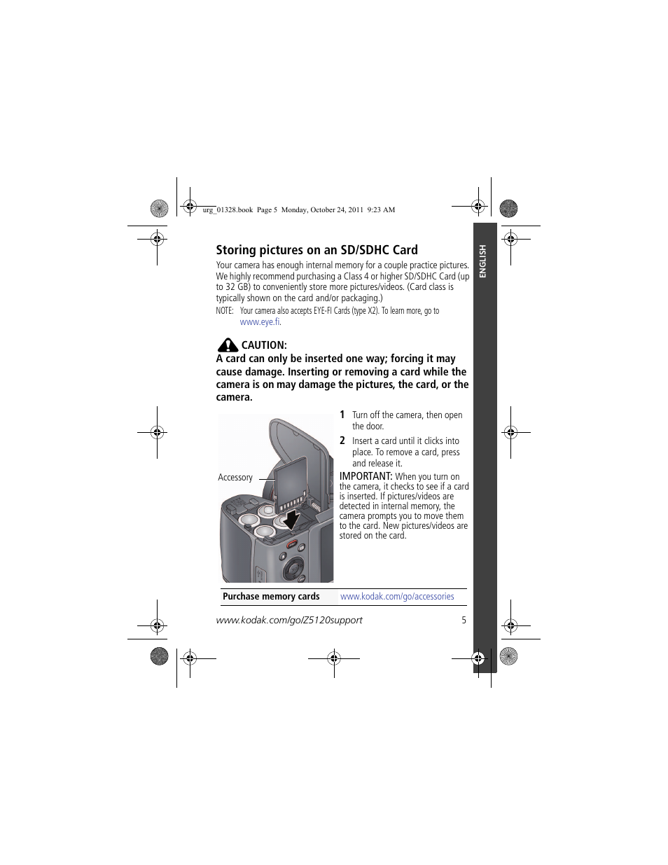 Storing pictures on an sd/sdhc card 5, Storing pictures on an sd/sdhc card | Kodak Z5120 User Manual | Page 5 / 29