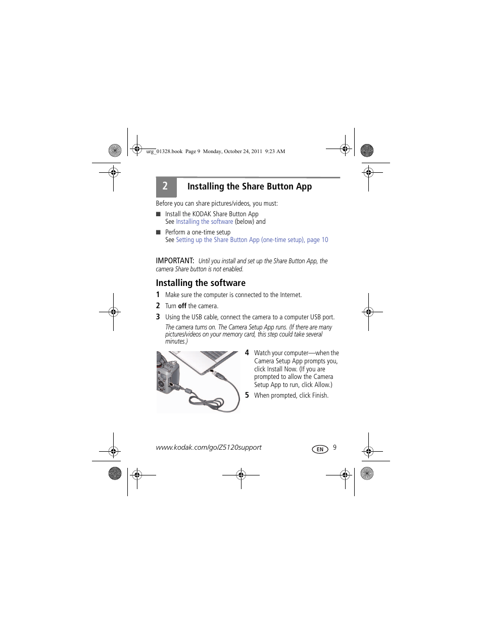 Installing the share button app, Installing the software, Installing the share button app 9 | Installing the software 9 | Kodak Z5120 User Manual | Page 9 / 29