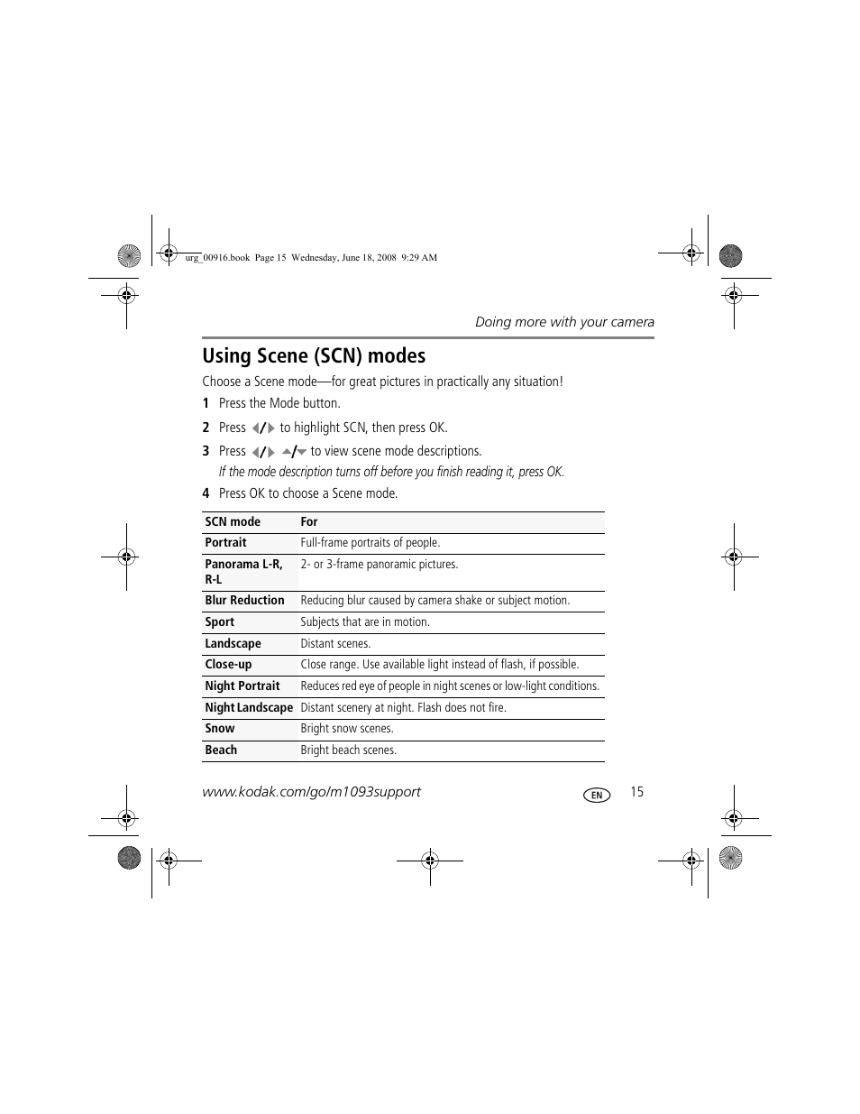 Using scene (scn) modes | Kodak M1093 IS User Manual | Page 15 / 28