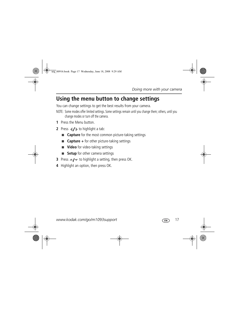 Using the menu button to change settings | Kodak M1093 IS User Manual | Page 17 / 28