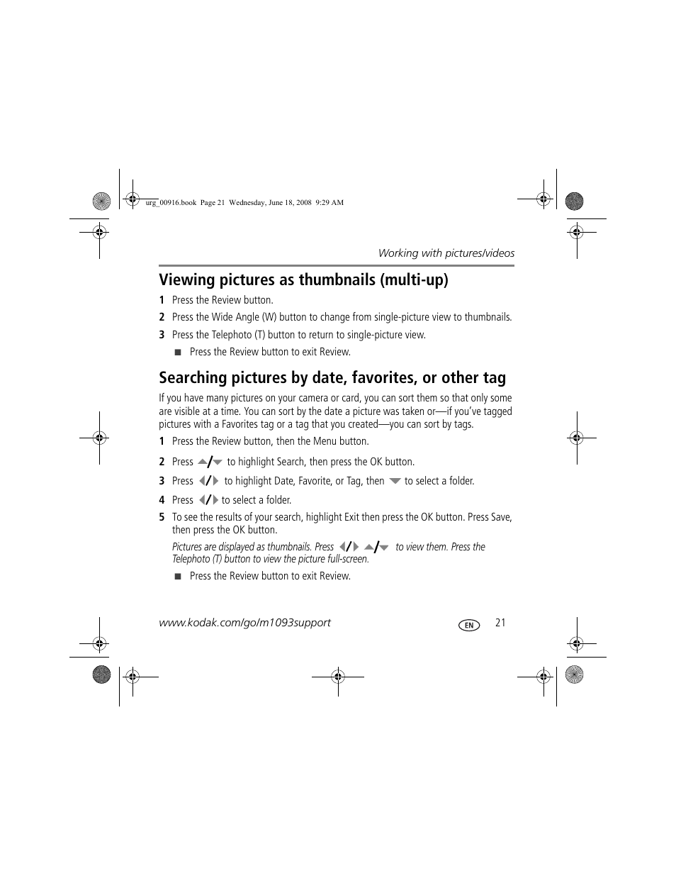 Viewing pictures as thumbnails (multi-up) | Kodak M1093 IS User Manual | Page 21 / 28