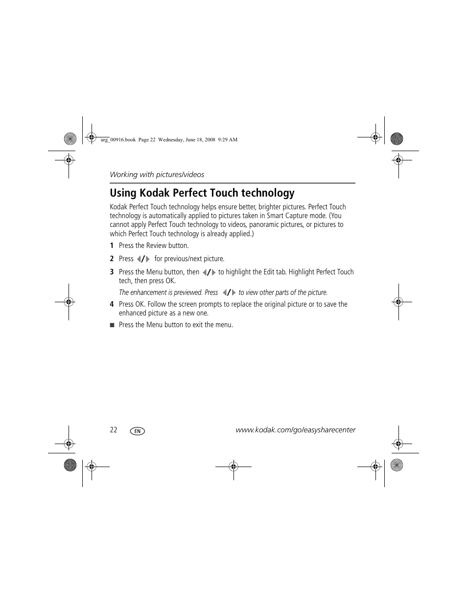Using kodak perfect touch technology | Kodak M1093 IS User Manual | Page 22 / 28