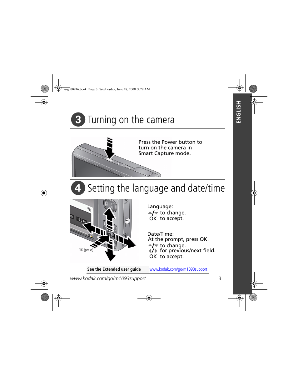 Turning on the camera, Setting the language and date/time | Kodak M1093 IS User Manual | Page 3 / 28