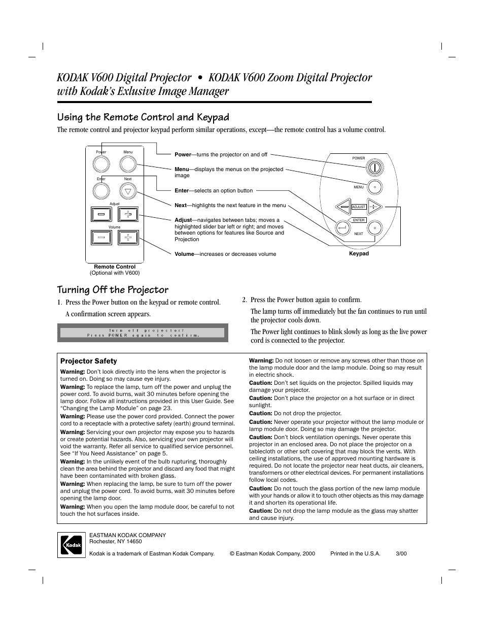 Using the remote control and keypad, Turning off the projector | Kodak V600 Zoom User Manual | Page 2 / 2