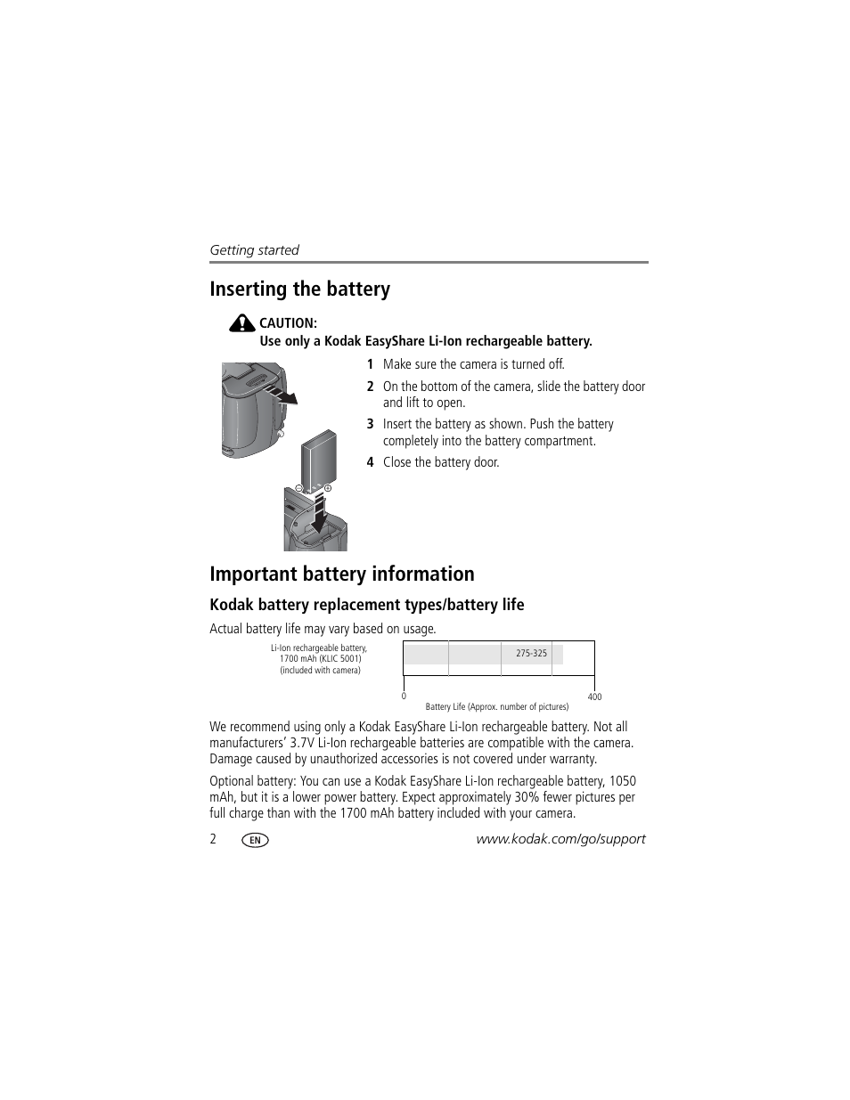 Inserting the battery, Important battery information, Kodak battery replacement types/battery life | Kodak Z7590 User Manual | Page 12 / 104