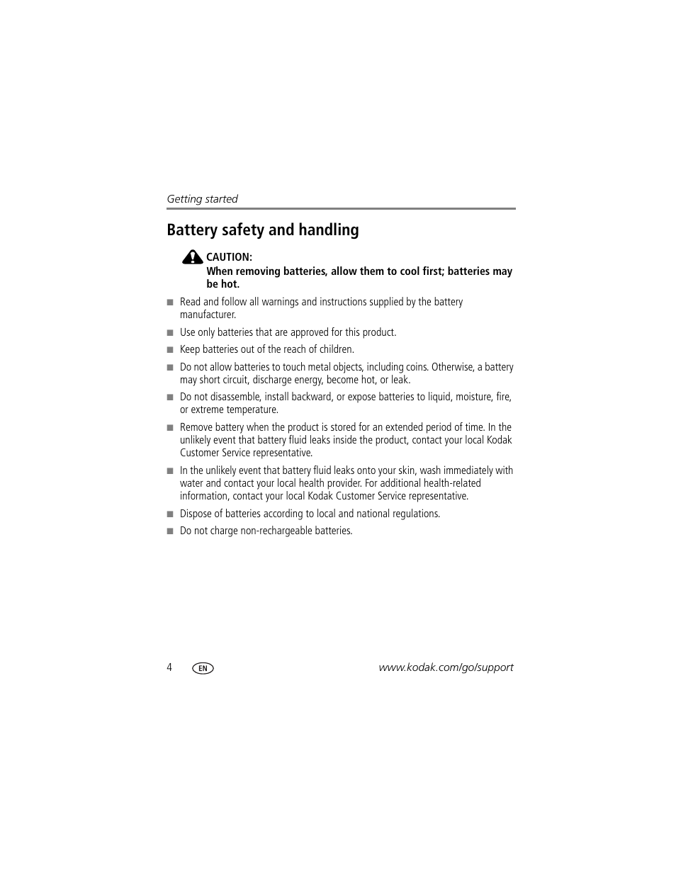 Battery safety and handling | Kodak Z7590 User Manual | Page 14 / 104