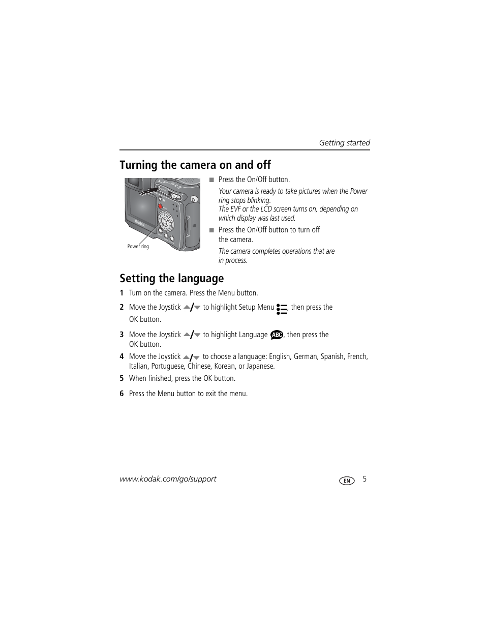 Turning the camera on and off, Setting the language, Turning the camera on and off setting the language | Kodak Z7590 User Manual | Page 15 / 104