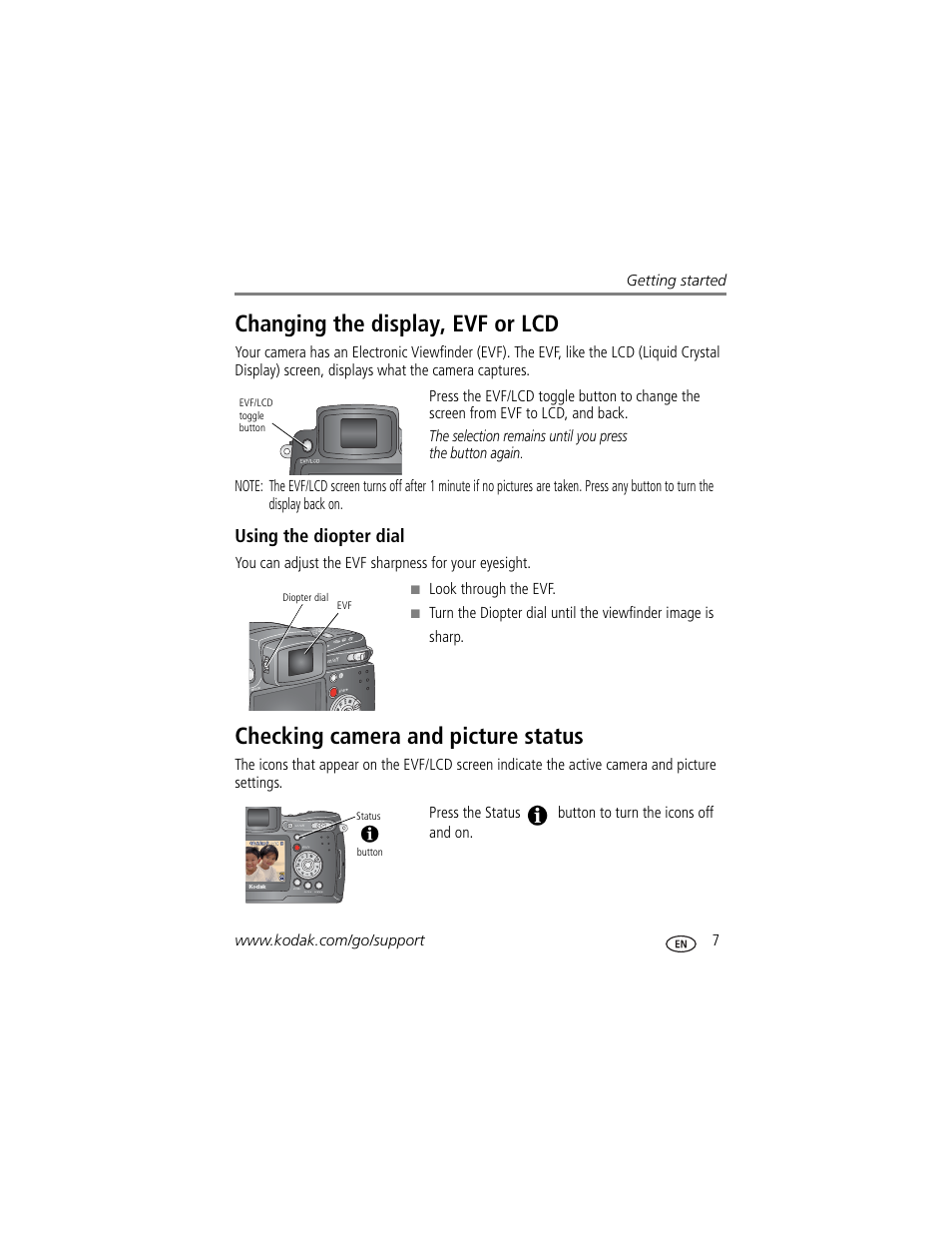 Changing the display, evf or lcd, Using the diopter dial, Checking camera and picture status | Kodak Z7590 User Manual | Page 17 / 104