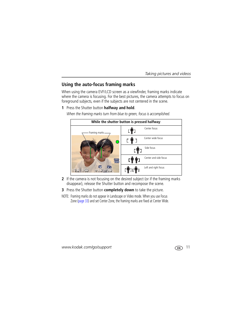 Using the auto-focus framing marks | Kodak Z7590 User Manual | Page 21 / 104