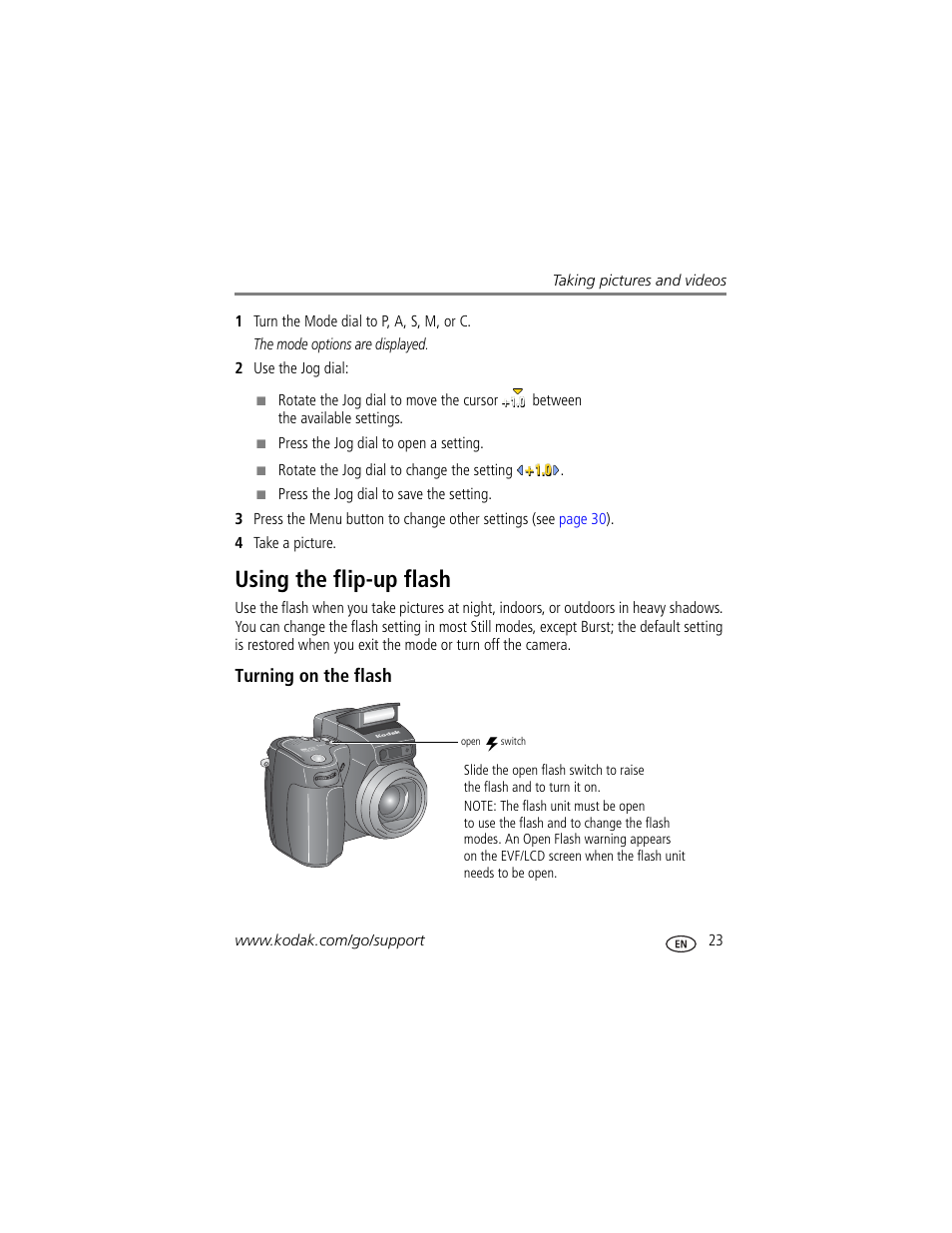 Using the flip-up flash, Turning on the flash | Kodak Z7590 User Manual | Page 33 / 104