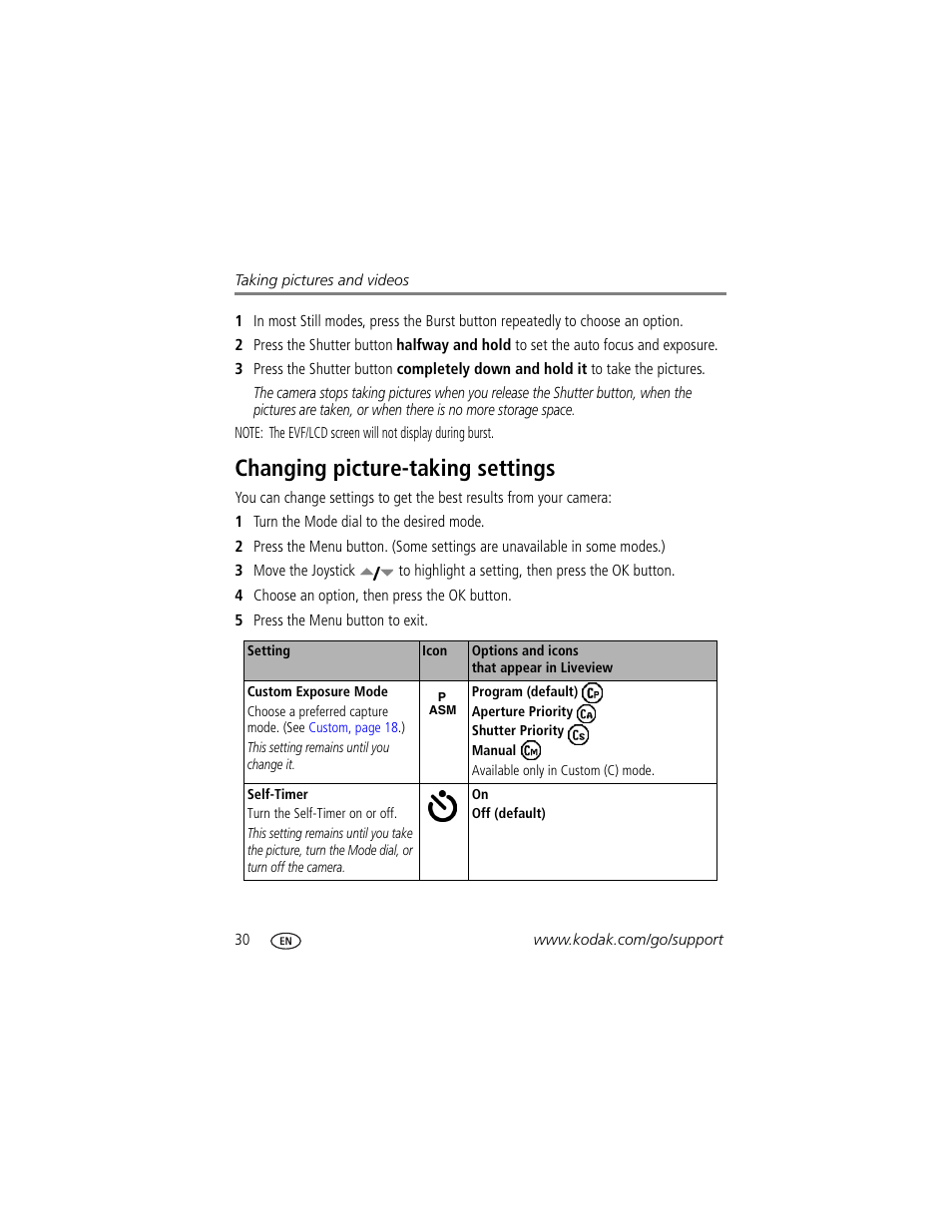 Changing picture-taking settings, Custom exposure | Kodak Z7590 User Manual | Page 40 / 104