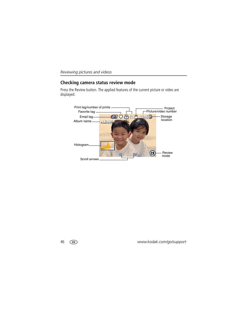 Checking camera status review mode | Kodak Z7590 User Manual | Page 56 / 104