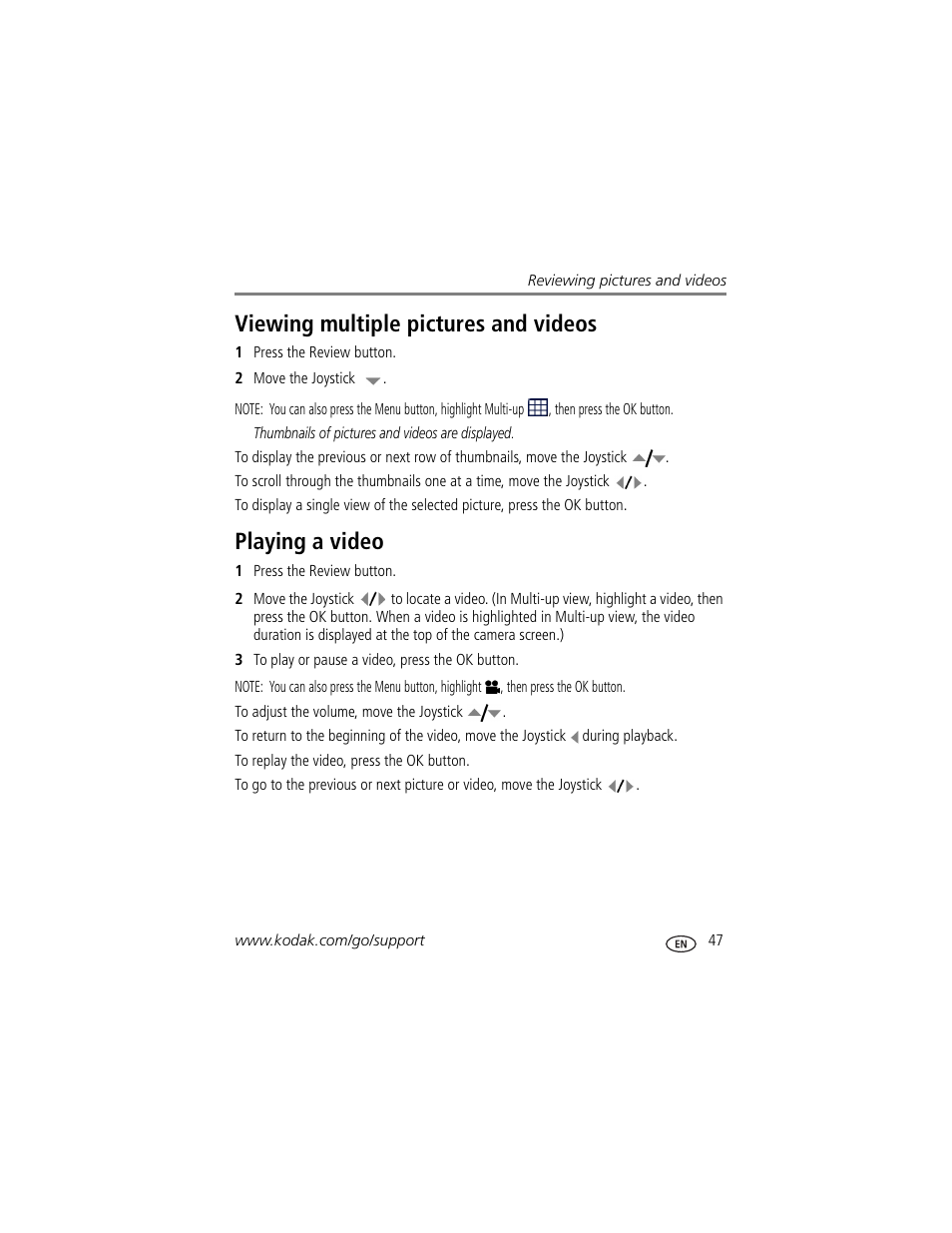 Viewing multiple pictures and videos, Playing a video | Kodak Z7590 User Manual | Page 57 / 104