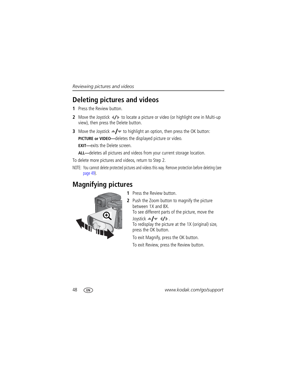 Deleting pictures and videos, Magnifying pictures, Deleting pictures and videos magnifying pictures | Kodak Z7590 User Manual | Page 58 / 104