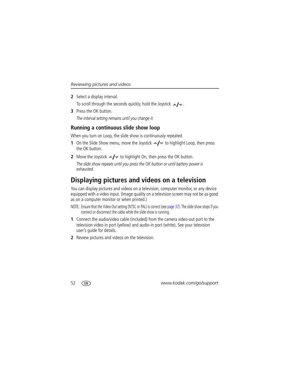 Running a continuous slide show loop, Displaying pictures and videos on a television | Kodak Z7590 User Manual | Page 62 / 104