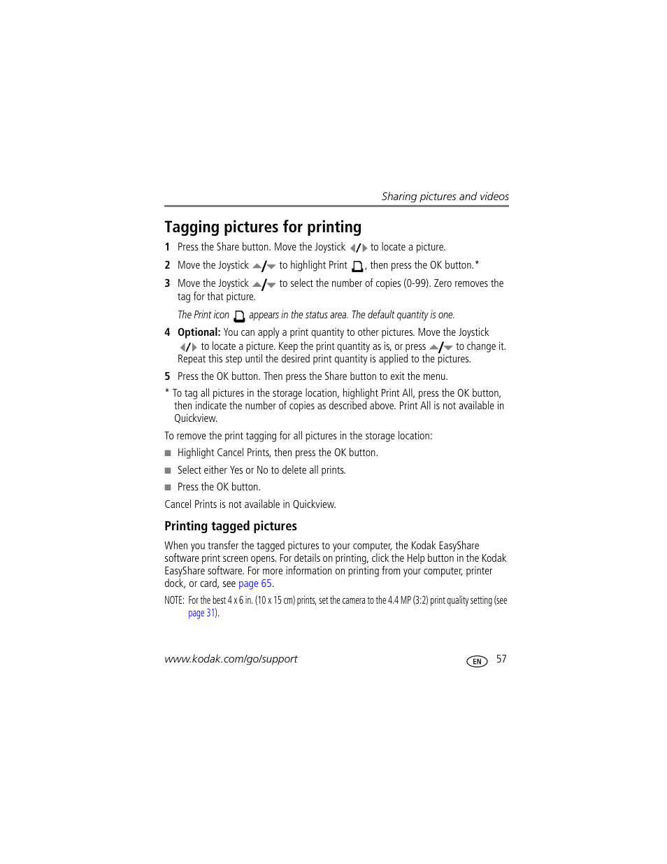 Tagging pictures for printing, Printing tagged pictures | Kodak Z7590 User Manual | Page 67 / 104