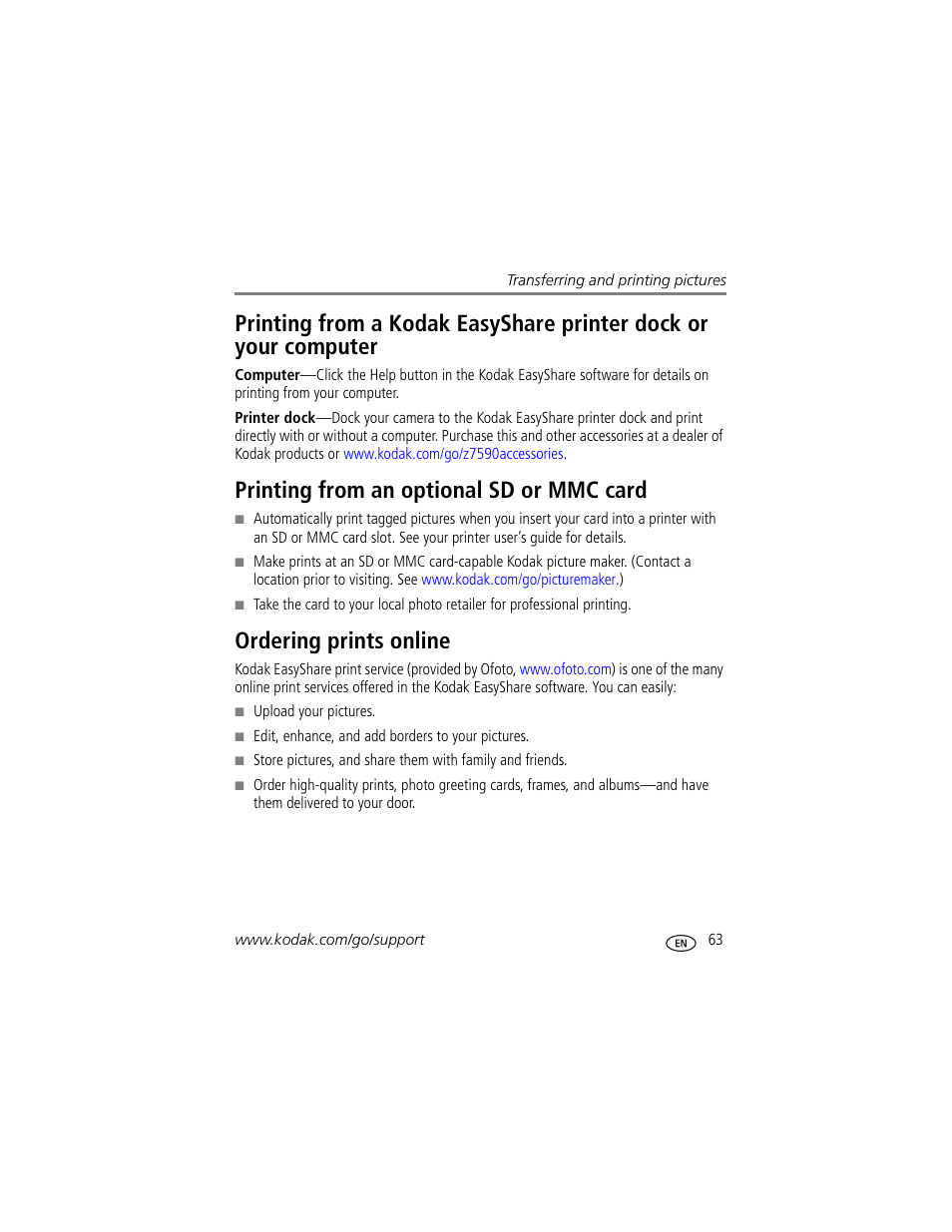 Printing from an optional sd or mmc card, Ordering prints online | Kodak Z7590 User Manual | Page 73 / 104