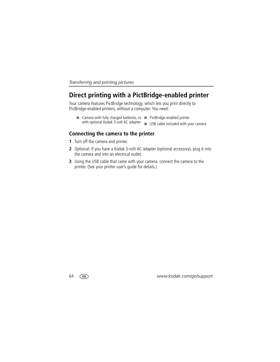 Direct printing with a pictbridge-enabled printer, Connecting the camera to the printer | Kodak Z7590 User Manual | Page 74 / 104