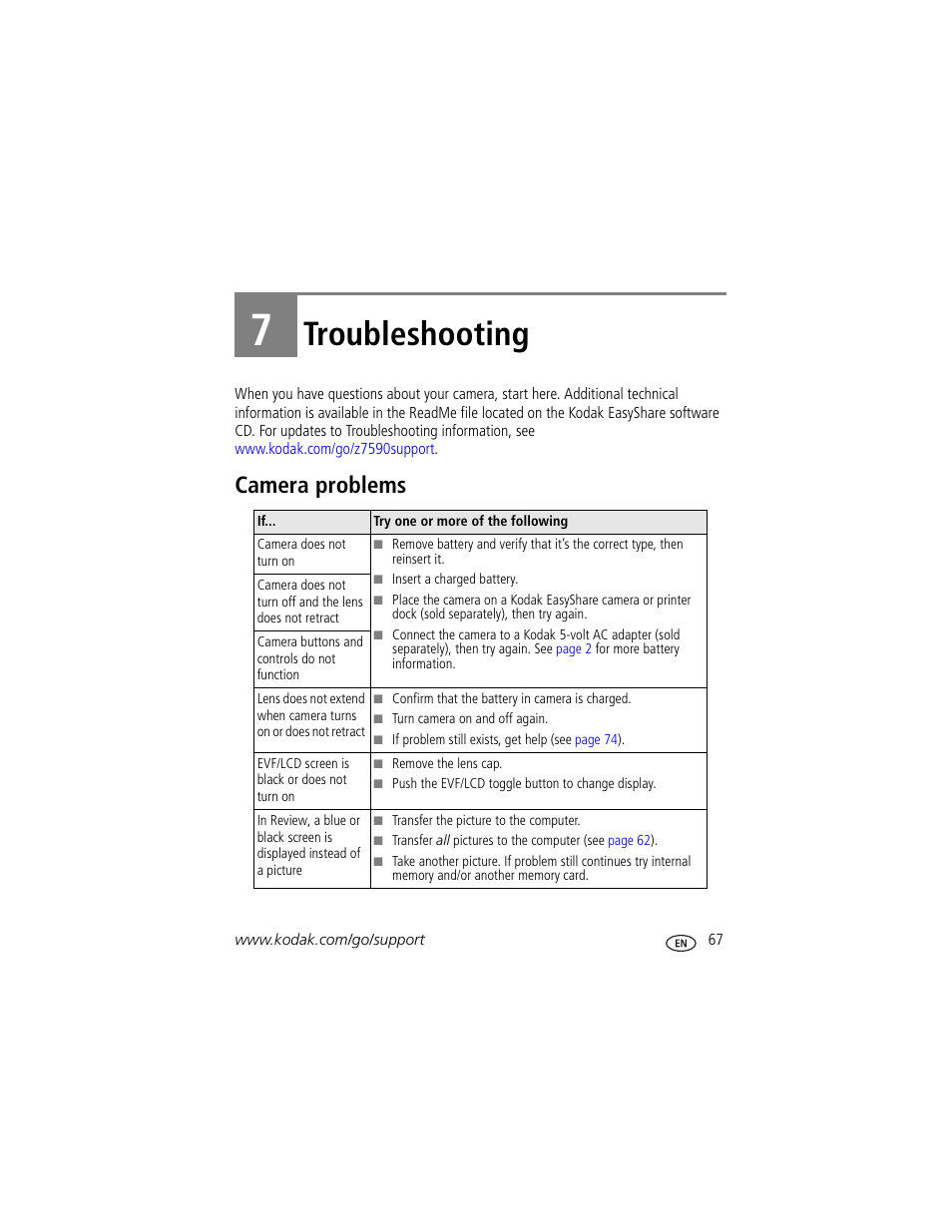 Troubleshooting, Camera problems, 7 troubleshooting | Kodak Z7590 User Manual | Page 77 / 104