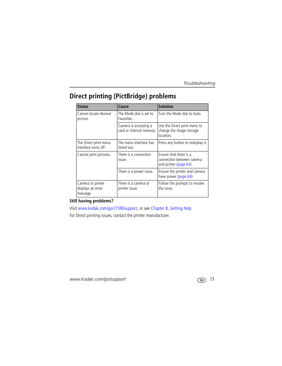 Direct printing (pictbridge) problems | Kodak Z7590 User Manual | Page 83 / 104