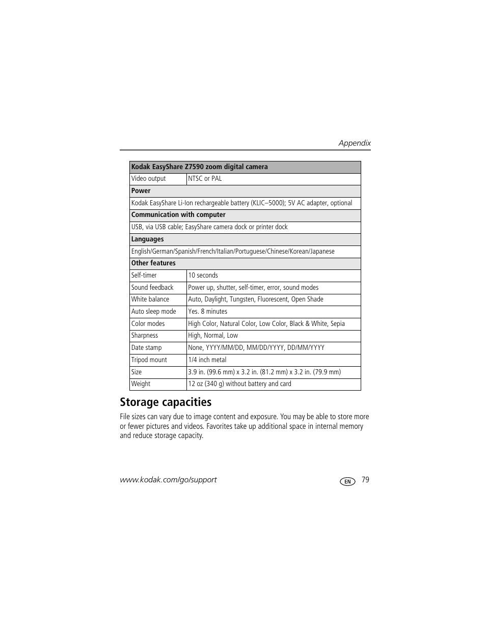 Storage capacities, For s | Kodak Z7590 User Manual | Page 89 / 104