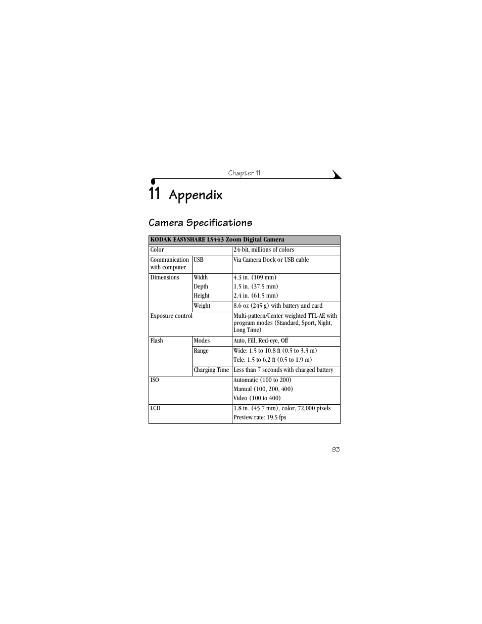11 appendix, Camera specifications, Appendix | Kodak LS443 User Manual | Page 105 / 122
