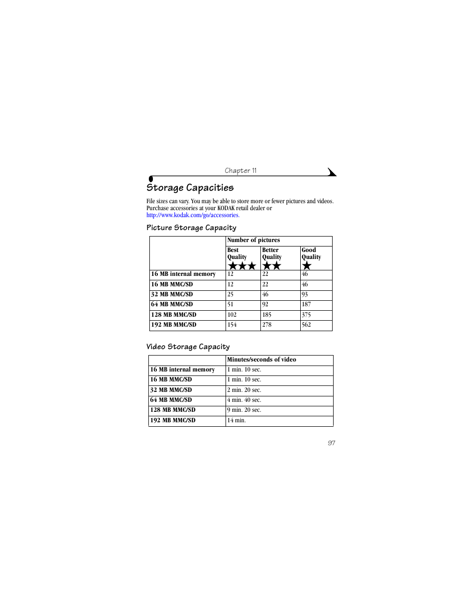 Storage capacities, Picture storage capacity, Video storage capacity | Kodak LS443 User Manual | Page 109 / 122