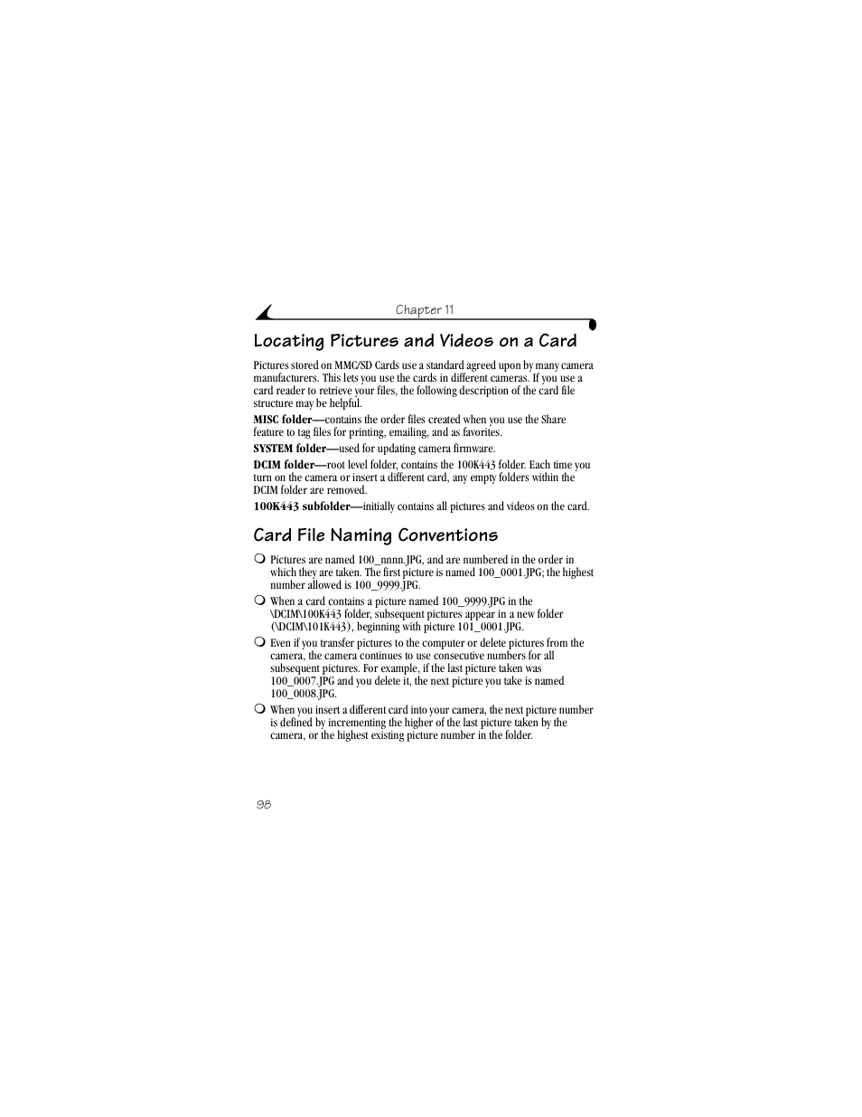 Locating pictures and videos on a card, Card file naming conventions | Kodak LS443 User Manual | Page 110 / 122