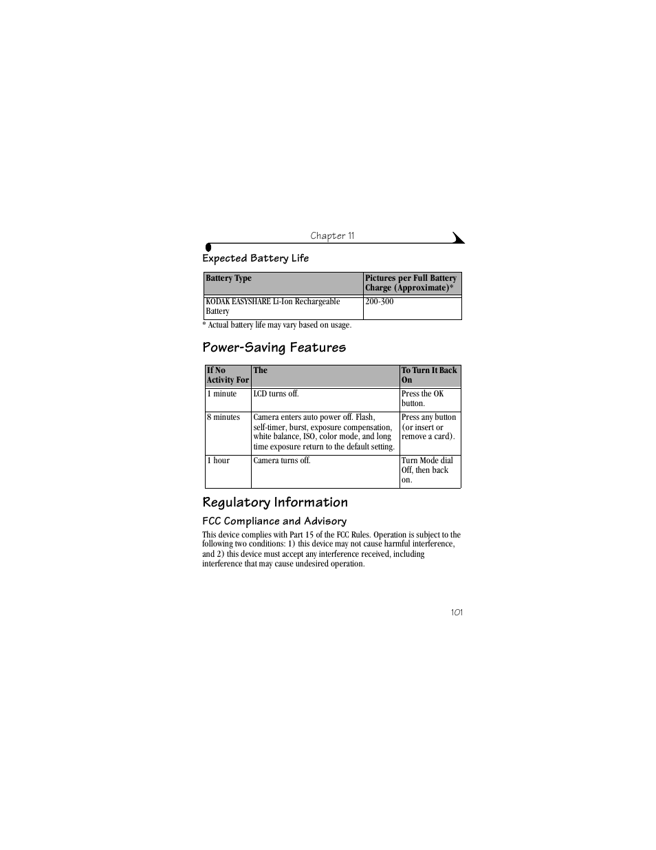 Expected battery life, Power-saving features, Regulatory information | Fcc compliance and advisory, Power-saving features regulatory information | Kodak LS443 User Manual | Page 113 / 122