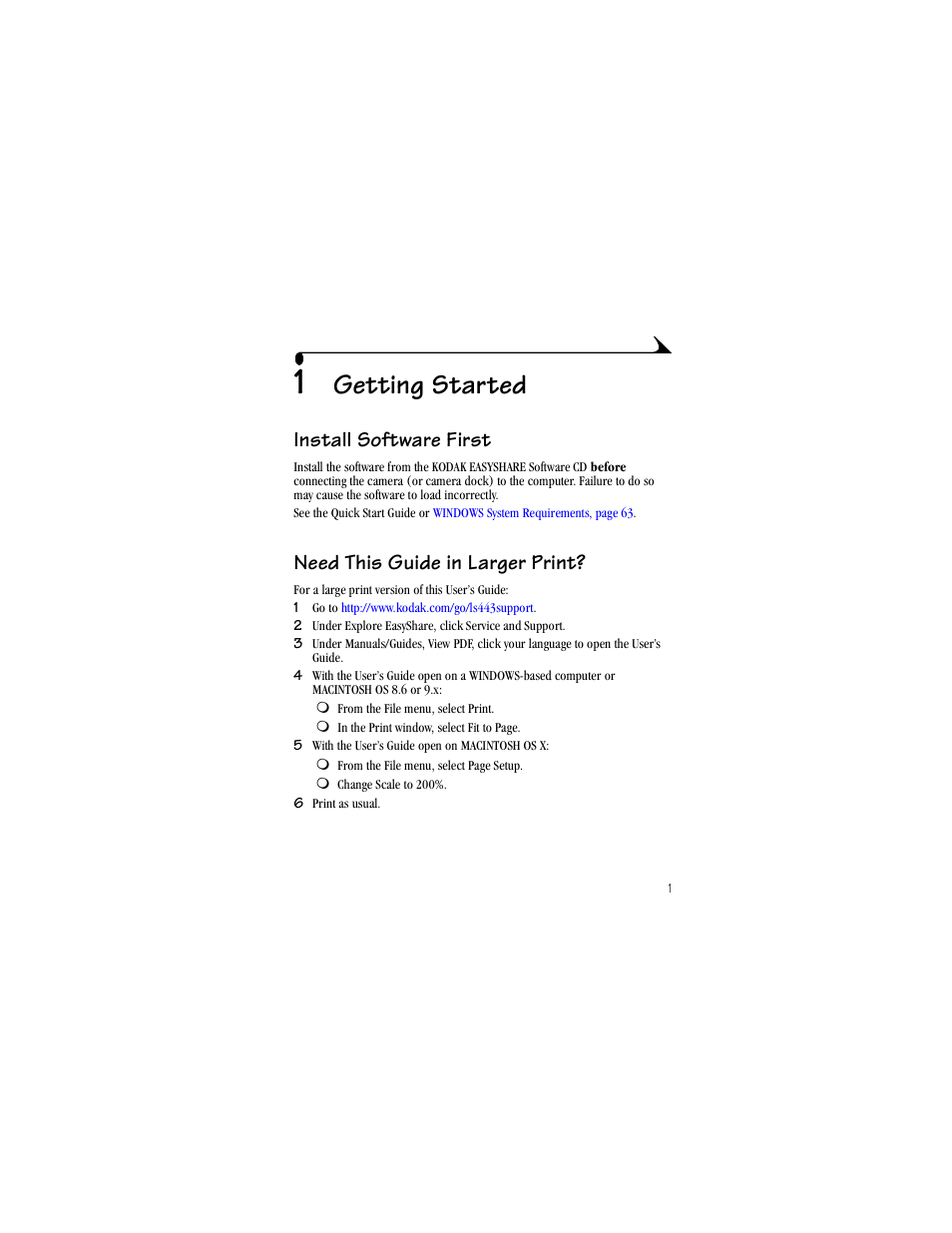 1 getting started, Install software first, Need this guide in larger print | Getting started | Kodak LS443 User Manual | Page 13 / 122