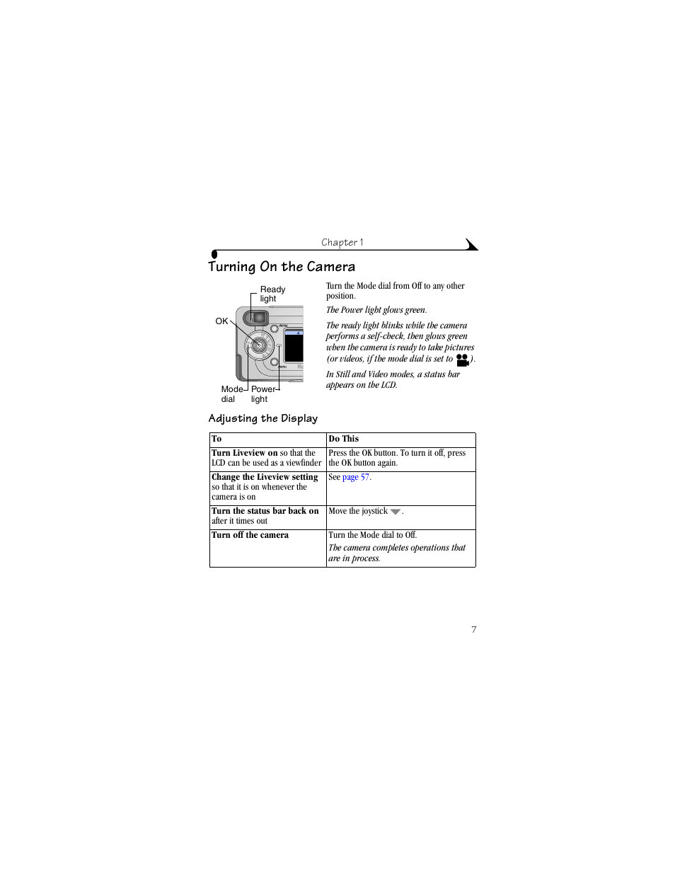 Turning on the camera, Adjusting the display | Kodak LS443 User Manual | Page 19 / 122