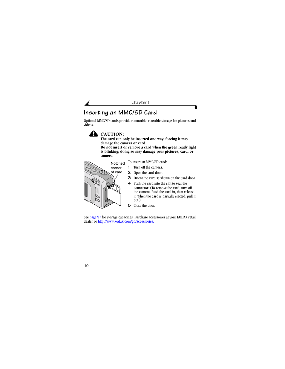 Inserting an mmc/sd card | Kodak LS443 User Manual | Page 22 / 122