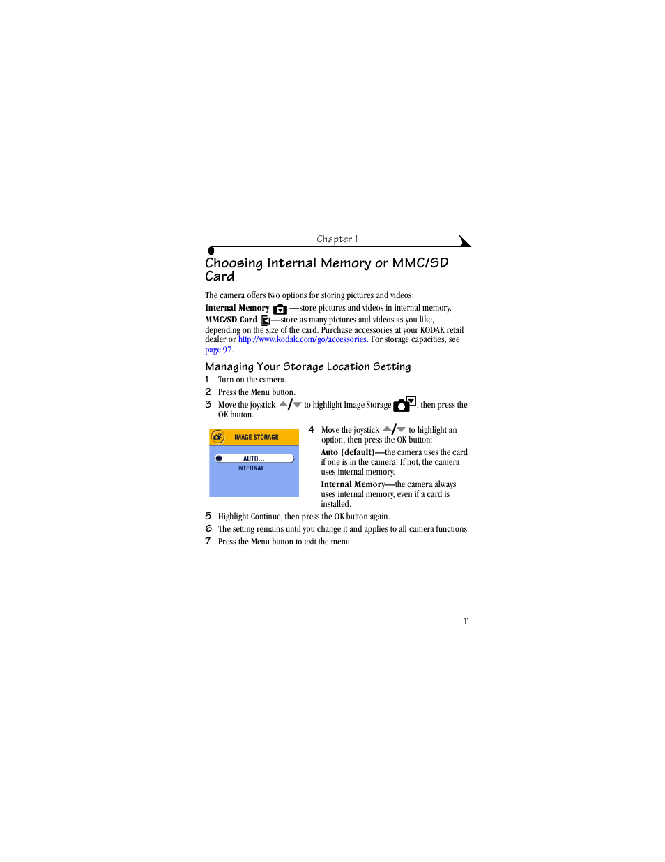 Choosing internal memory or mmc/sd card, Managing your storage location setting | Kodak LS443 User Manual | Page 23 / 122