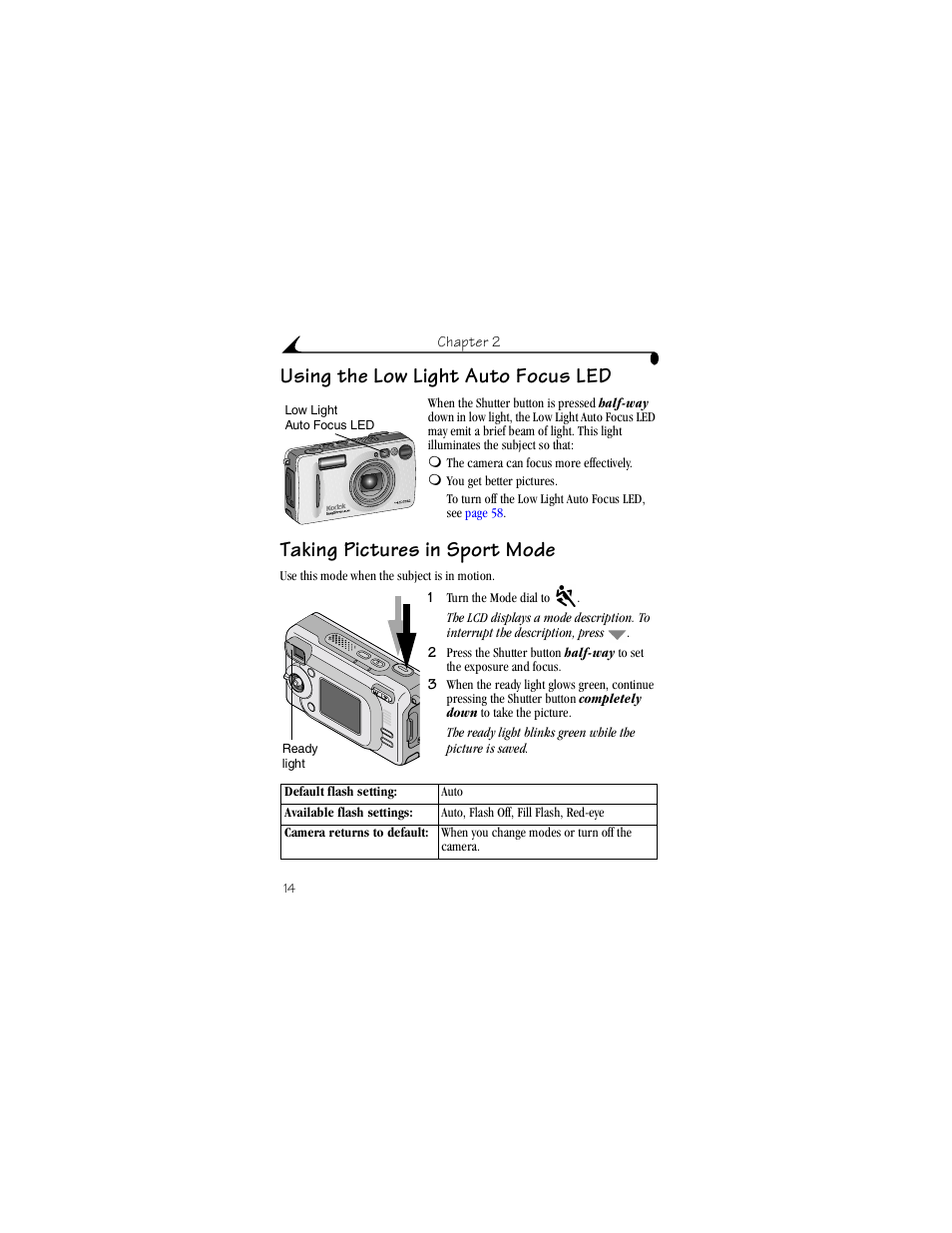 Using the low light auto focus led, Taking pictures in sport mode | Kodak LS443 User Manual | Page 26 / 122