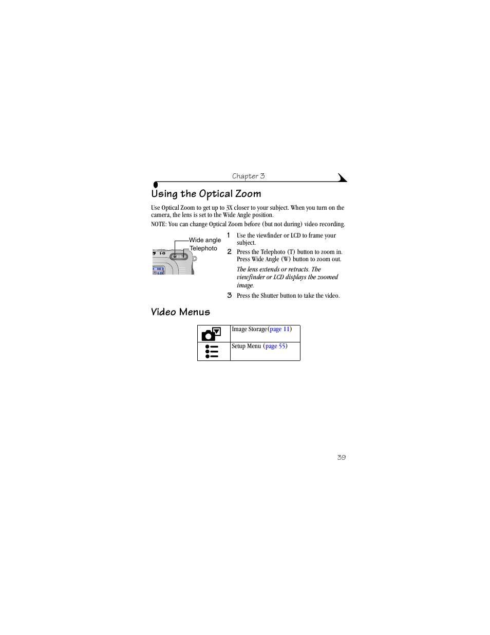 Using the optical zoom, Video menus, Using the optical zoom video menus | Kodak LS443 User Manual | Page 51 / 122