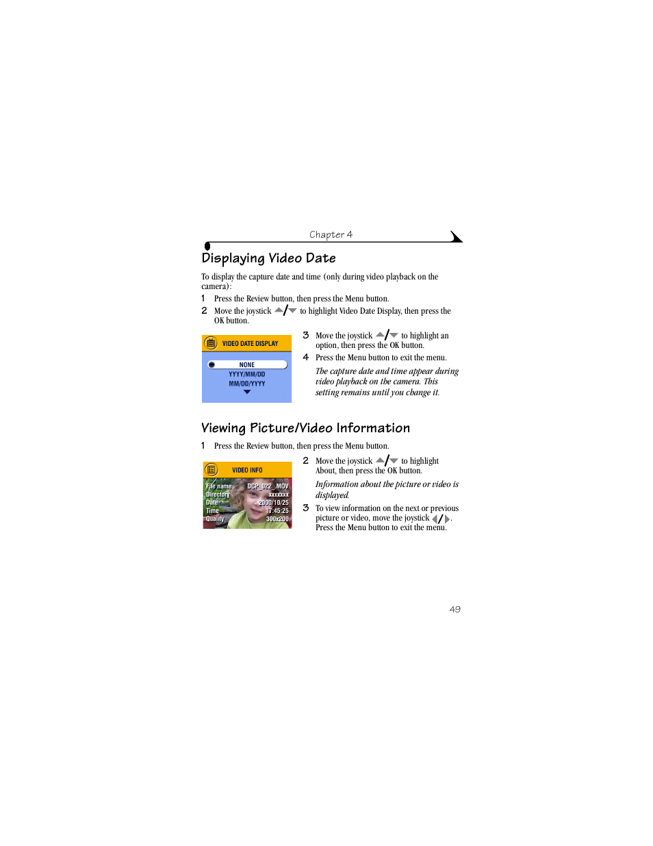 Displaying video date, Viewing picture/video information | Kodak LS443 User Manual | Page 61 / 122