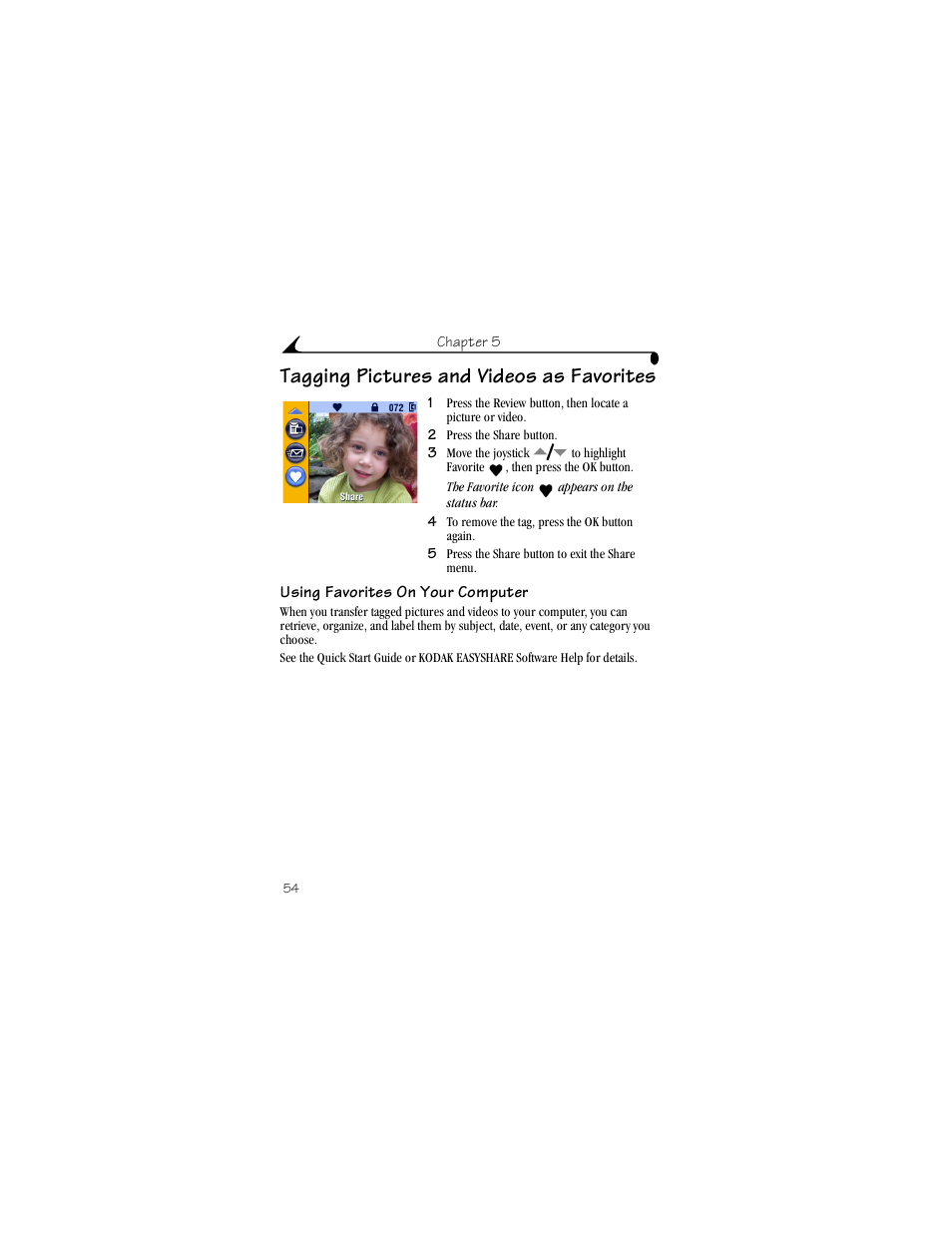 Tagging pictures and videos as favorites, Using favorites on your computer | Kodak LS443 User Manual | Page 66 / 122