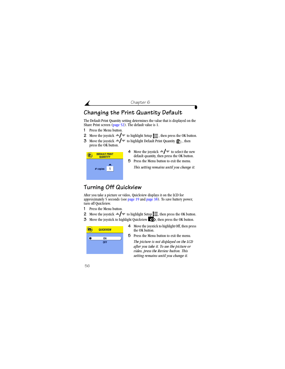 Changing the print quantity default, Turning off quickview | Kodak LS443 User Manual | Page 68 / 122