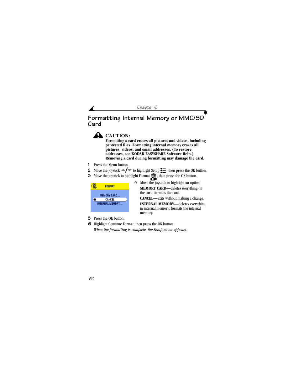 Formatting internal memory or mmc/sd card | Kodak LS443 User Manual | Page 72 / 122