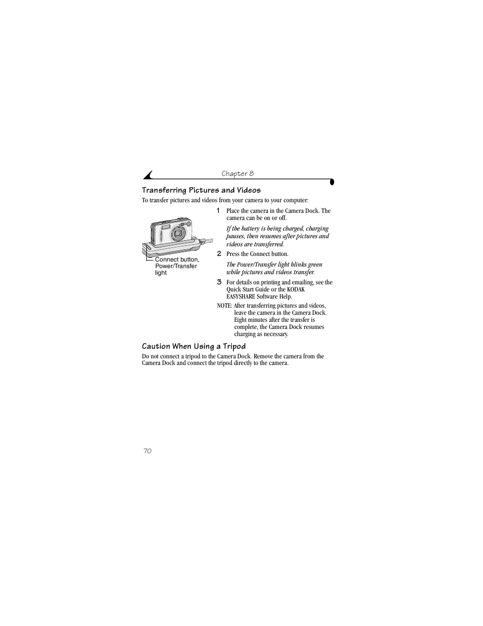 Transferring pictures and videos, Caution when using a tripod | Kodak LS443 User Manual | Page 82 / 122