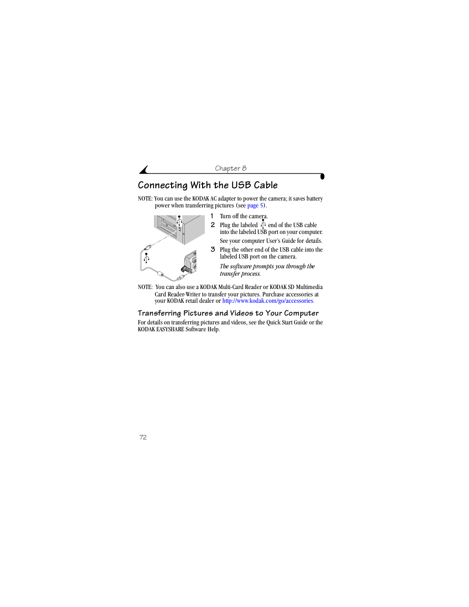 Connecting with the usb cable, Transferring pictures and videos to your computer | Kodak LS443 User Manual | Page 84 / 122