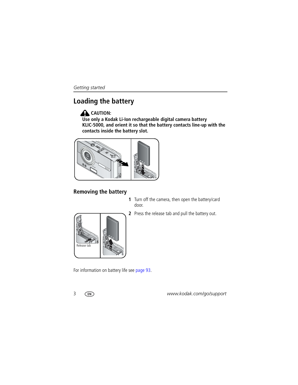 Loading the battery, Removing the battery | Kodak 4 MP User Manual | Page 10 / 118